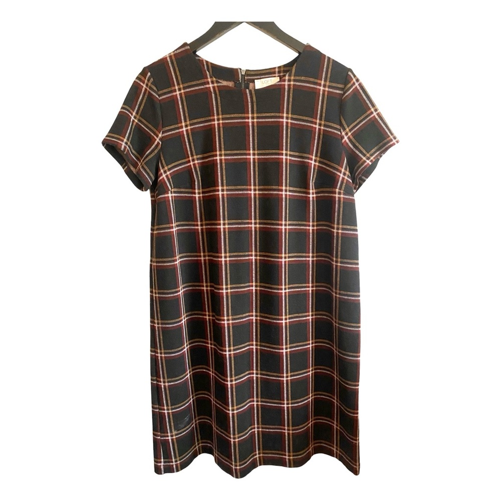 Loft Plaid Woven Dress Large Petite Brown Knee Length